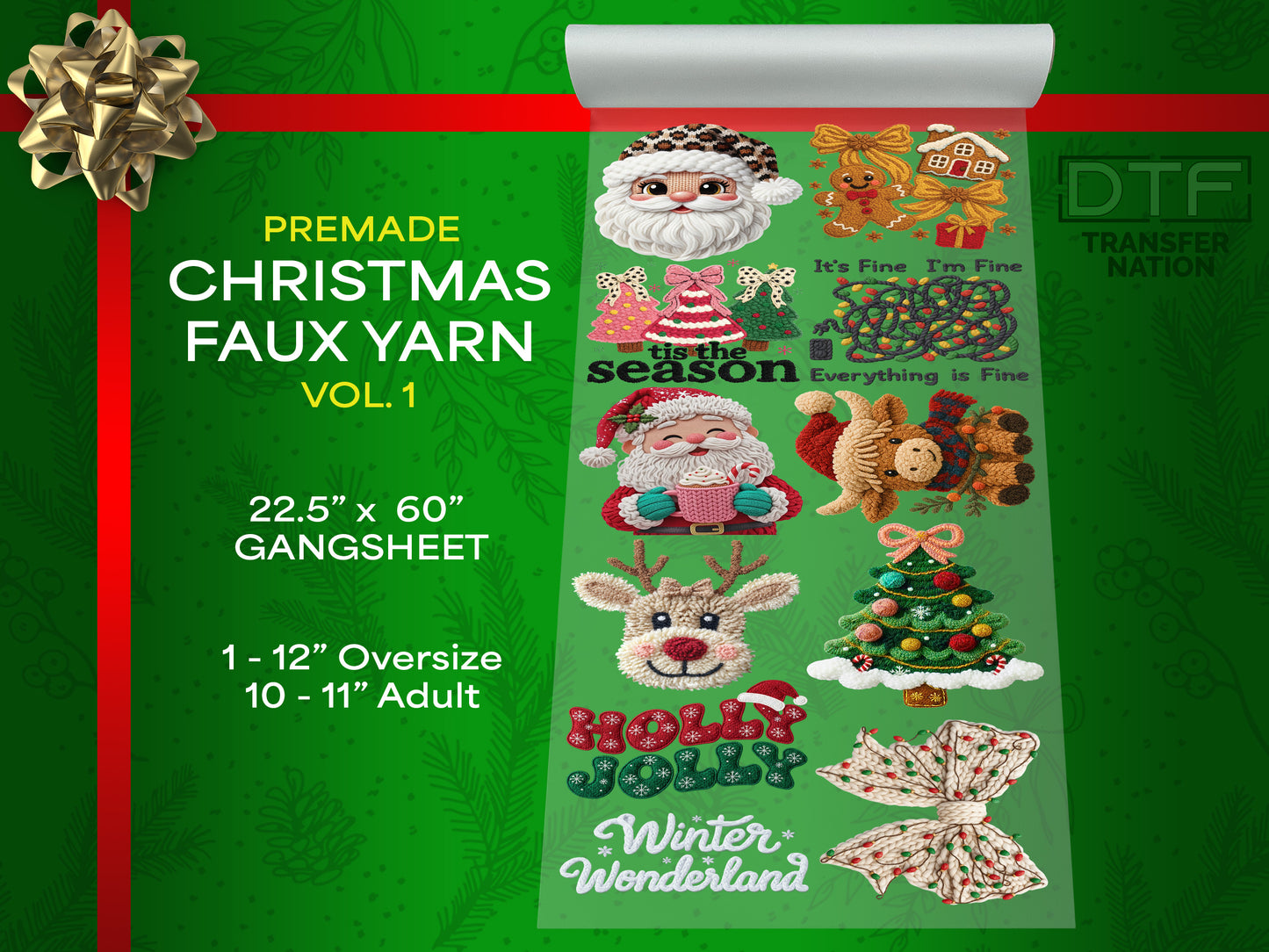 Premade Christmas Faux Yarn DTF Gang Sheet | Vol. 1 | 22.5x60 | Cozy Holiday Shirt Transfers
