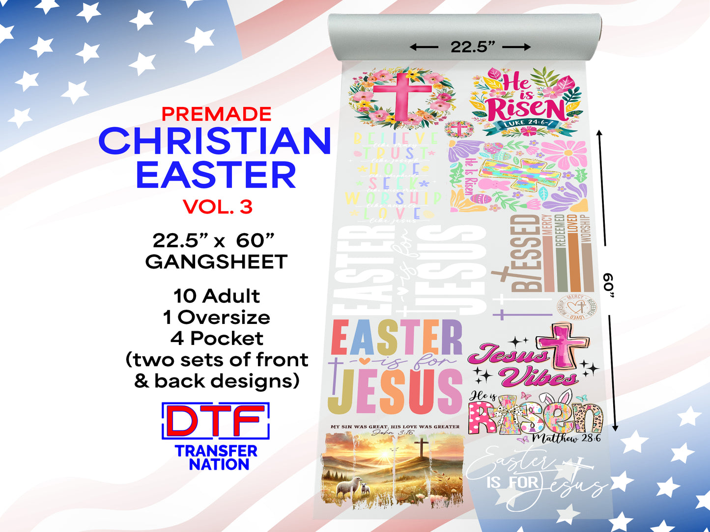 Easter Vol. 3 Christian Themed DTF Gangsheet | 22.5” x 60” Pre-Made Ready to Press Transfer | He is Risen & Faith-Based Heat Transfers