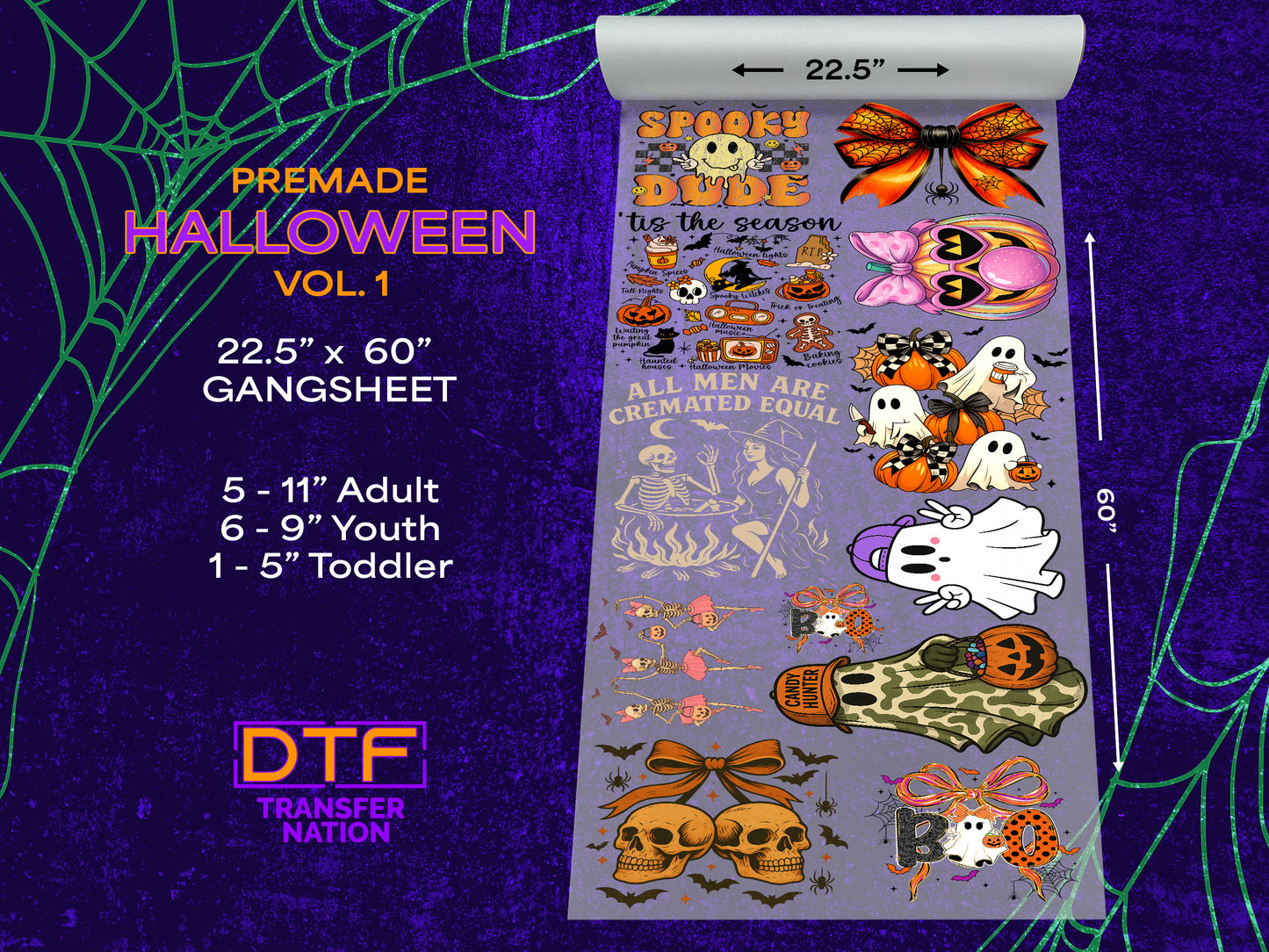 Premade Halloween DTF Gang Sheet | Vol. 1 | 22.5โ x 60โ | Spooky Season Transfers for Shirts, Hoodies & More