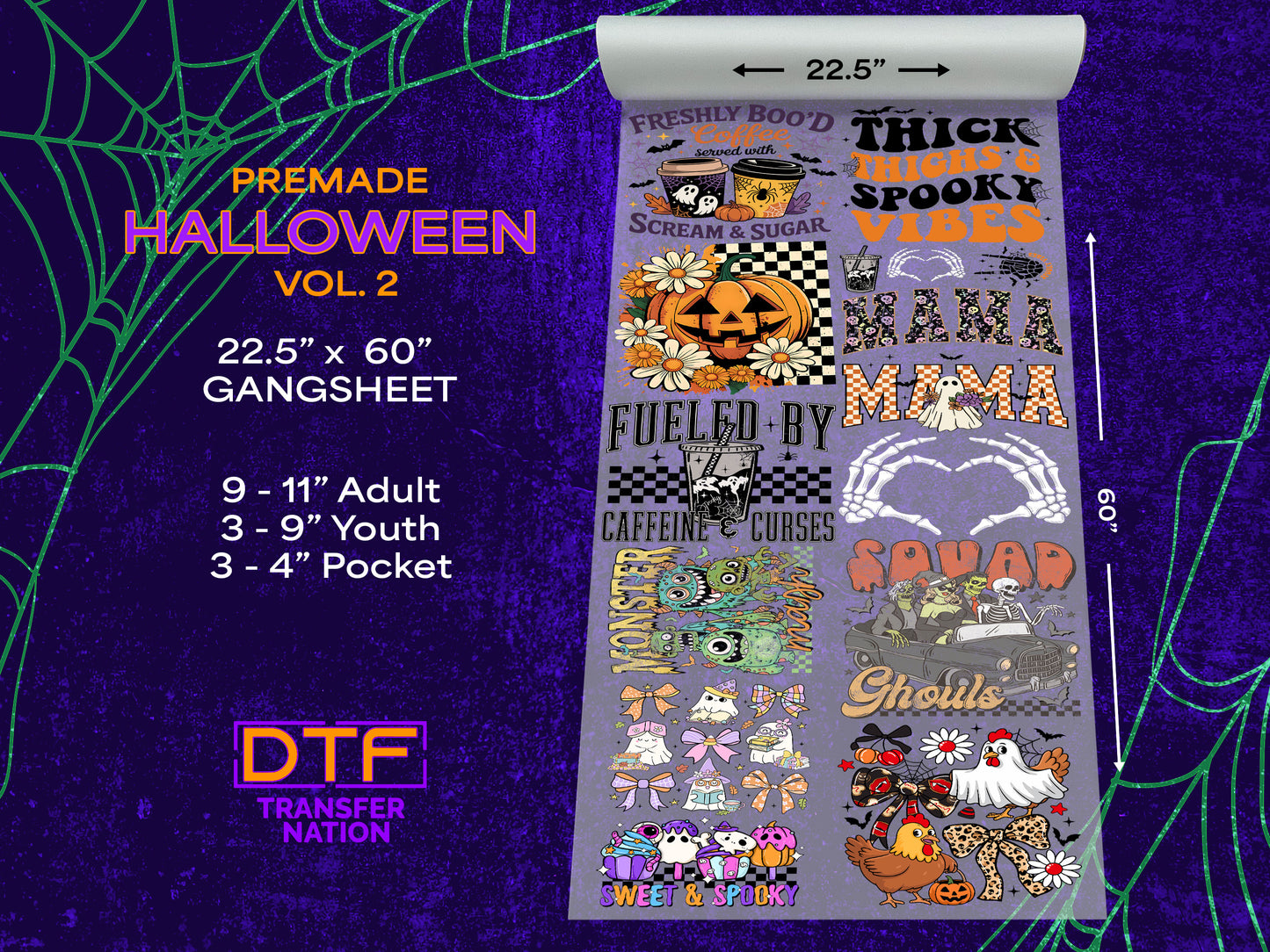 Premade Halloween DTF Gang Sheet | Vol. 2 | 22.5” x 60” | Spooky Fall Shirt Transfers for Adults & Kids
