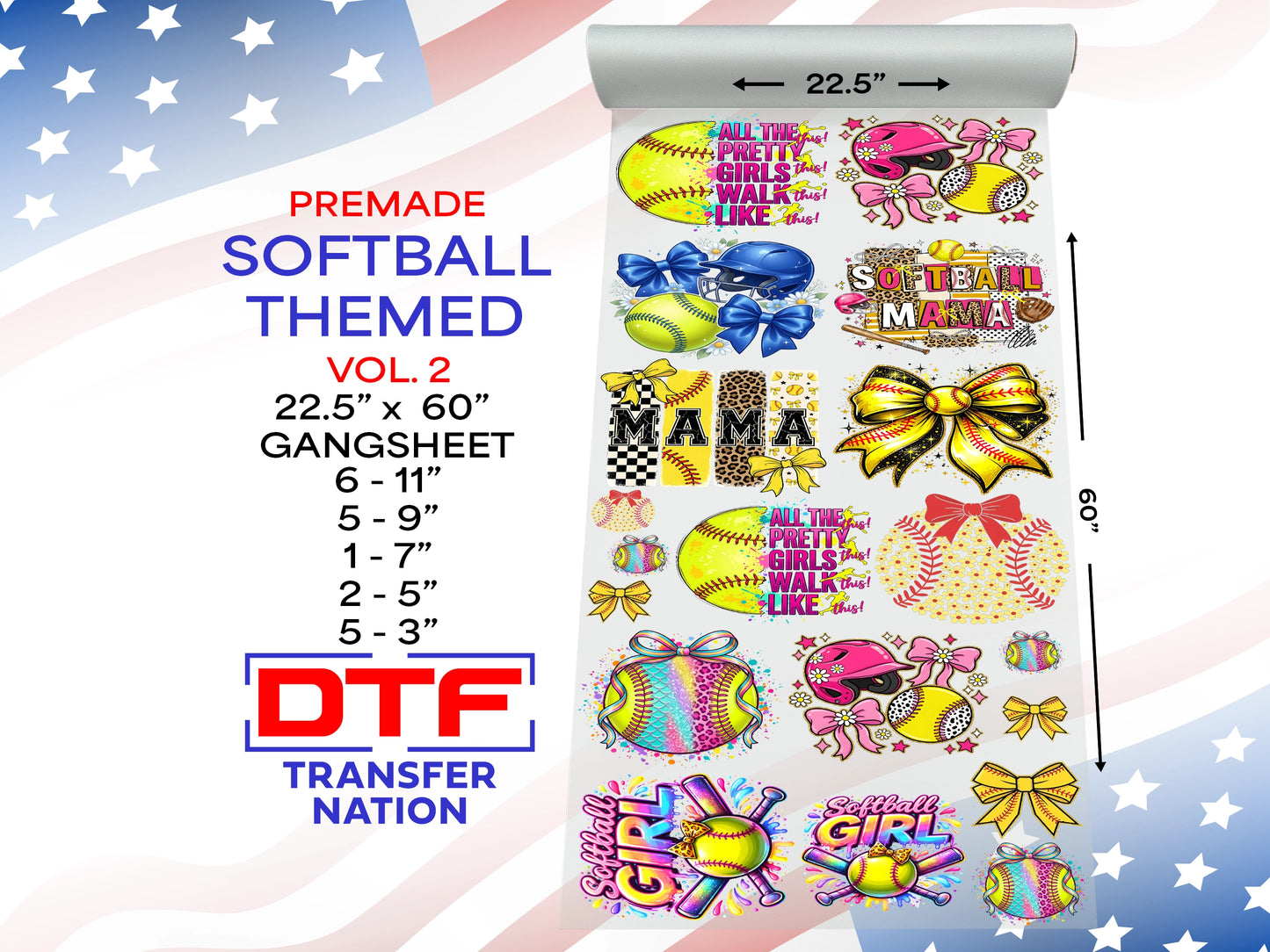 Softball Pre-Made Gangsheet Vol. 2 – 22.5" x 60" DTF Transfers for Shirts, Hoodies & More