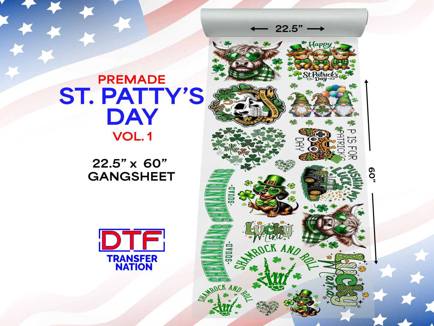 St. Patrick’s Day DTF Gangsheet Vol. 1 | 22.5” x 60” Pre-Made Ready to Press Transfer | Lucky Shamrock & Irish-Themed Heat Transfers