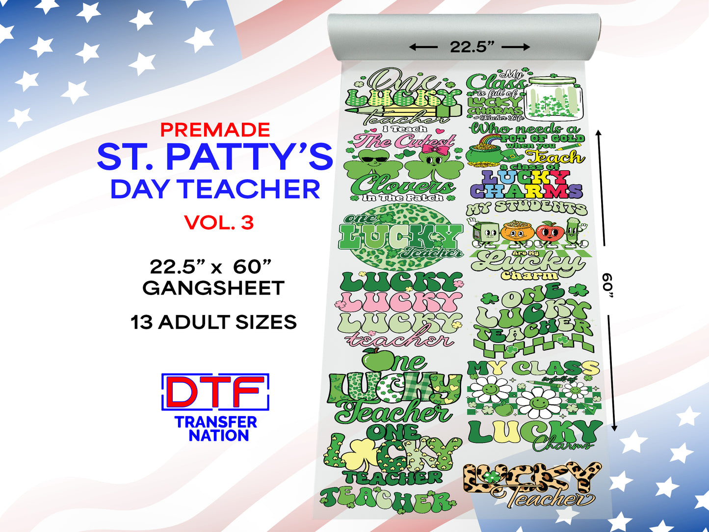 St. Patrick’s Day Vol. 3 Teacher DTF Gangsheet | 22.5” x 60” Pre-Made Ready to Press Transfer | Lucky Classroom & Irish-Themed Heat Transfers
