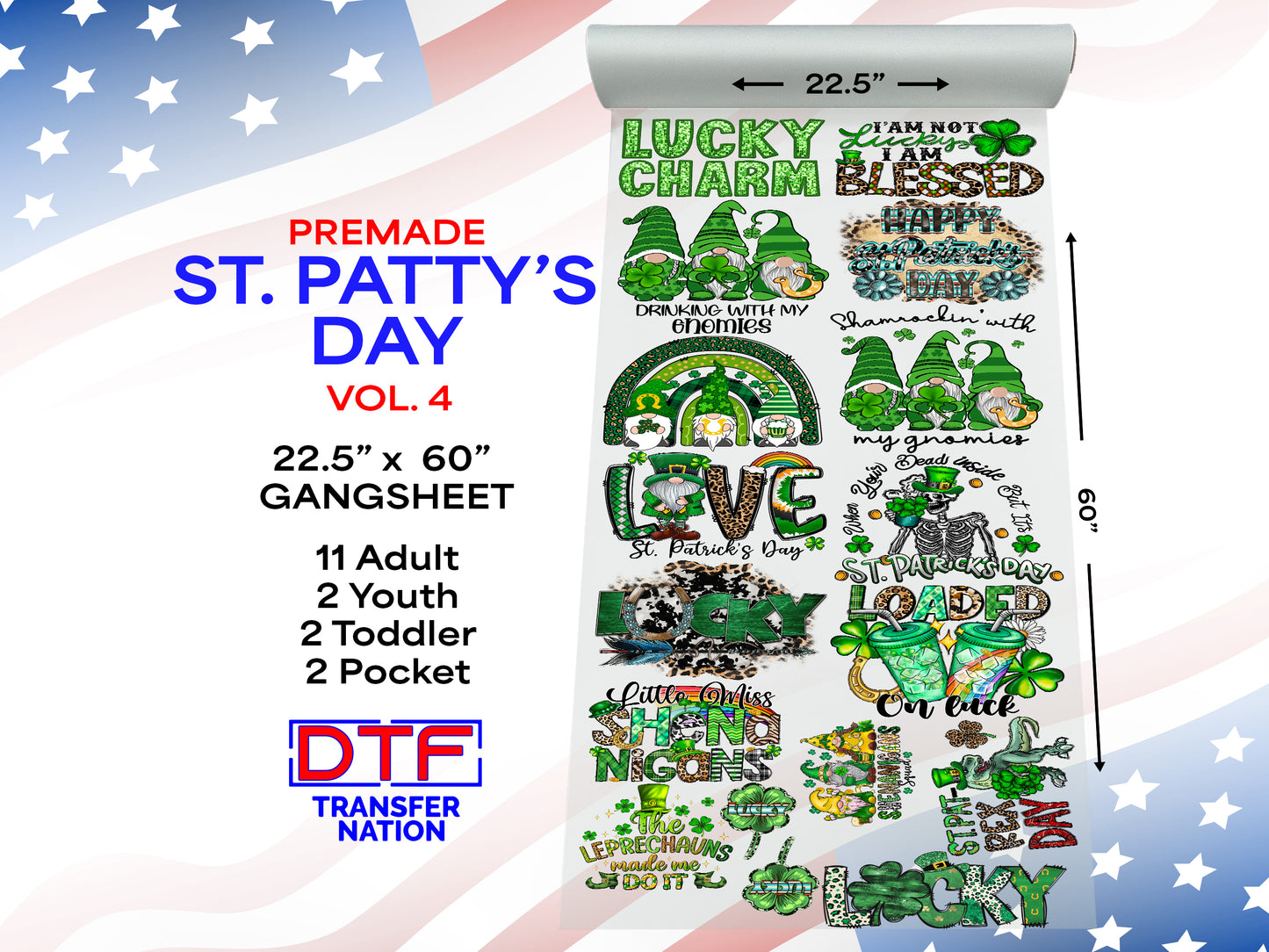 St. Patrick’s Day Vol. 4 DTF Gangsheet | 22.5” x 60” Pre-Made Ready to Press Transfer | Lucky Classroom & Irish-Themed Heat Transfers