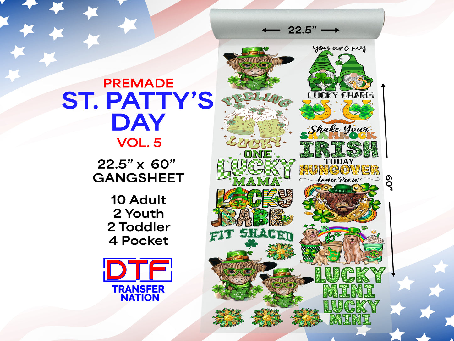 St. Patrick’s Day Vol. 5 DTF Gangsheet | 22.5” x 60” Pre-Made Ready to Press Transfer | Lucky Classroom & Irish-Themed Heat Transfers