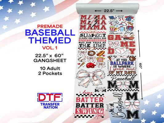Baseball DTF Gangsheet | 22.5” x 60” Pre-Made Ready to Press Transfer | Game Day & Baseball Mom Heat Transfers