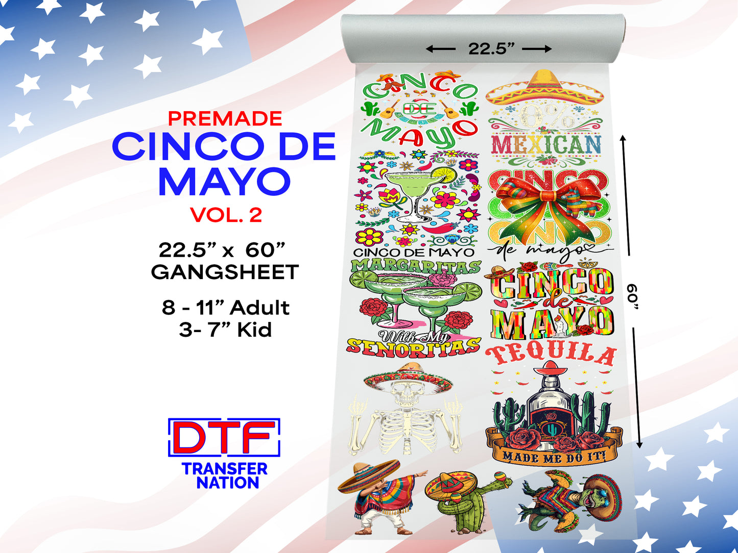 Cinco de Mayo Pre-Made Gangsheet Vol. 2 – 22.5" x 60" DTF Transfers for Fiesta Fun