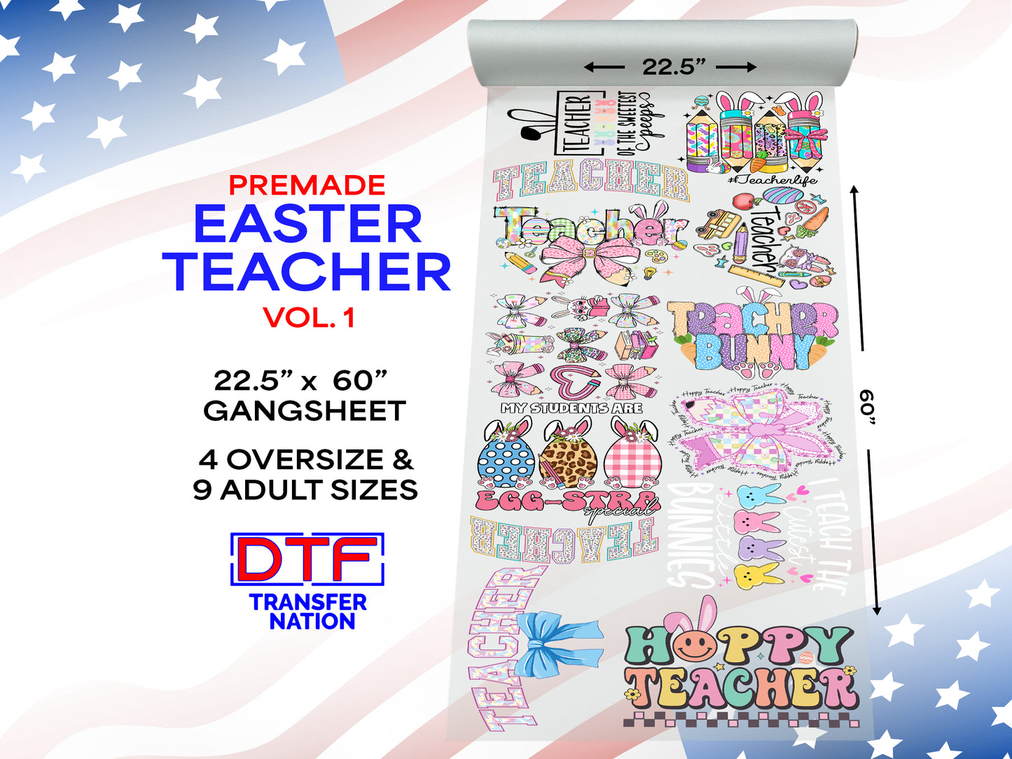 Easter Teacher DTF Gangsheet Vol. 1 | 22.5” x 60” Pre-Made Ready to Press Transfer | Spring Classroom & Bunny-Themed Heat Transfers