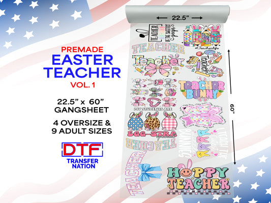 Easter Teacher DTF Gangsheet Vol. 1 | 22.5” x 60” Pre-Made Ready to Press Transfer | Spring Classroom & Bunny-Themed Heat Transfers