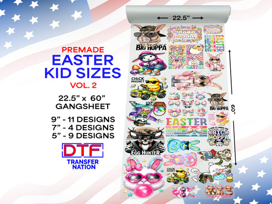Easter Vol 2 Kids DTF Gangsheet | 22.5” x 60” Pre-Made Ready to Press Transfer | Bunny & Spring-Themed Heat Transfers for Children’s Apparel