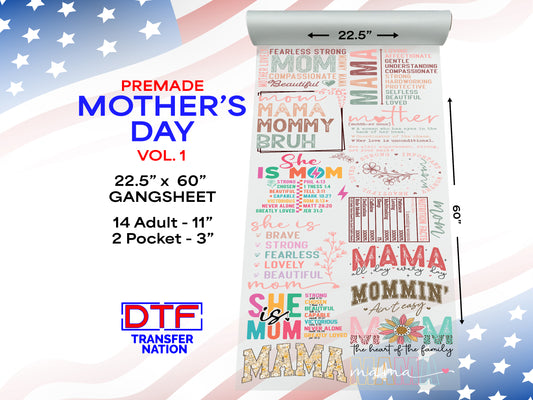 Mother’s Day Vol 1 DTF Gangsheet | 22.5” x 60” Pre-Made Ready to Press Transfer | Mom Life & Inspirational Heat Transfers