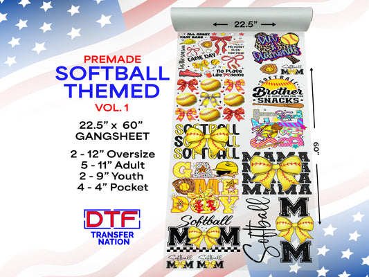 Softball Pre-Made Gangsheet Vol. 1 – 22.5" x 60" DTF Transfers for Shirts, Hoodies & More