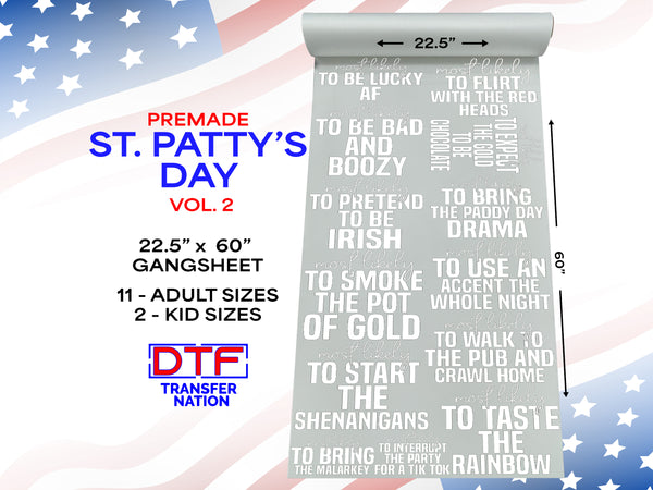 St. Patrick’s Day Vol. 2 DTF Gangsheet | 22.5” x 60” Pre-Made Ready to Press Transfer | "Most Likely" Irish-Themed Heat Transfers